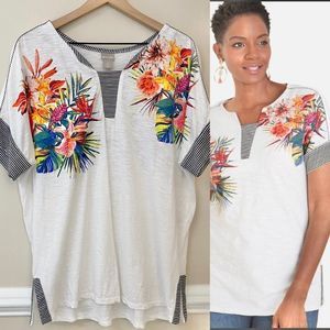 Chicos Floral Slub Cotton Mixed Media Floral Boxy Tee - Size LP